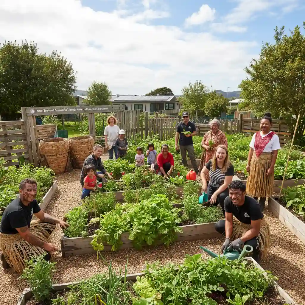 Community working together in a sustainable Māori garden