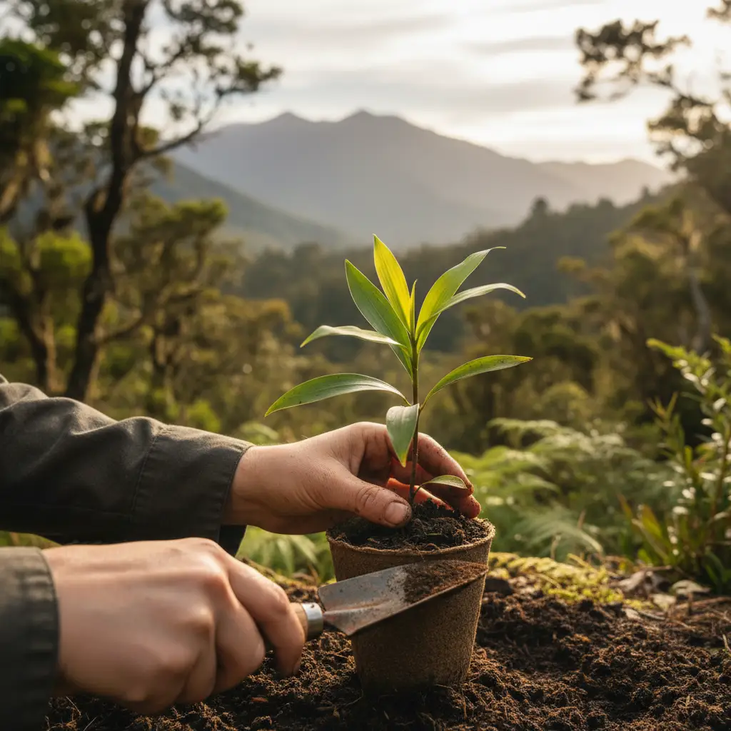 Hands planting a native tree, caring for Papatūānuku