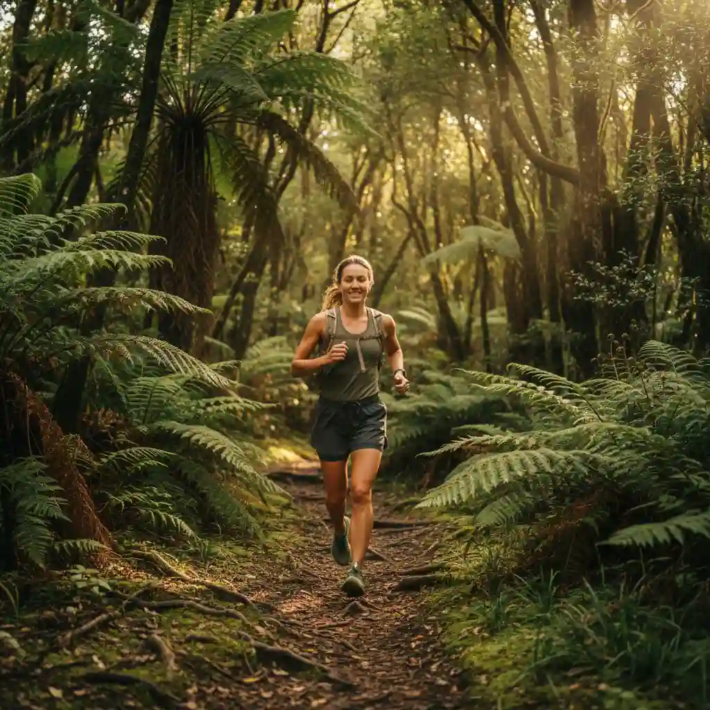 Trail runner enjoying eco-friendly fitness in a New Zealand forest
