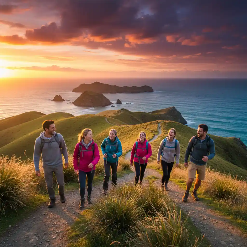 Friends hiking on a scenic New Zealand coastal track