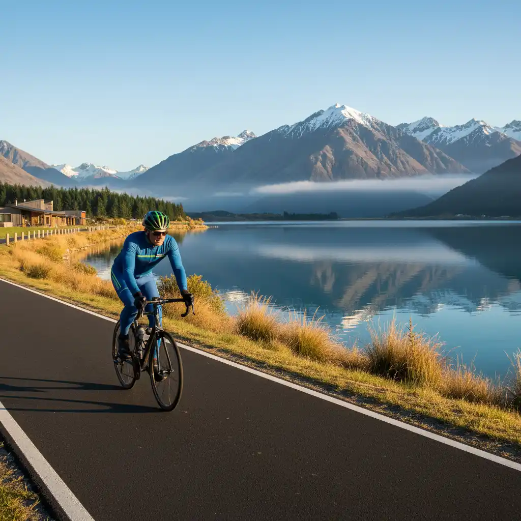 Cyclist enjoying a sustainable outdoor workout by a New Zealand lake