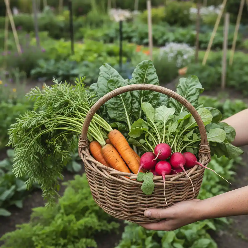 Freshly harvested seasonal vegetables in a garden