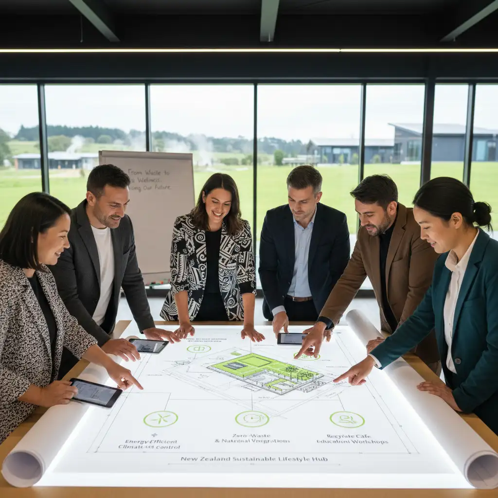 Team collaborating on sustainable office design with energy-efficient features