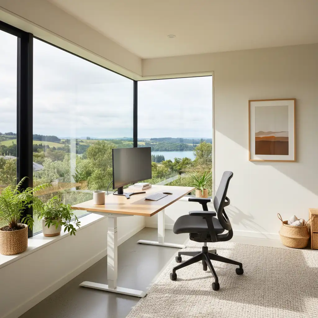 Flexible eco-friendly workspace with natural light in a New Zealand home