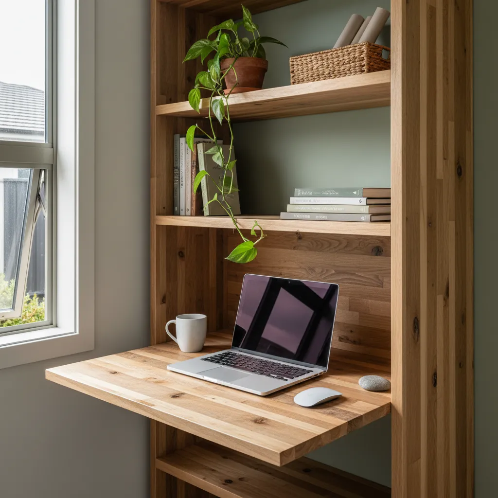 Compact home office with fold-down desk and sustainable materials
