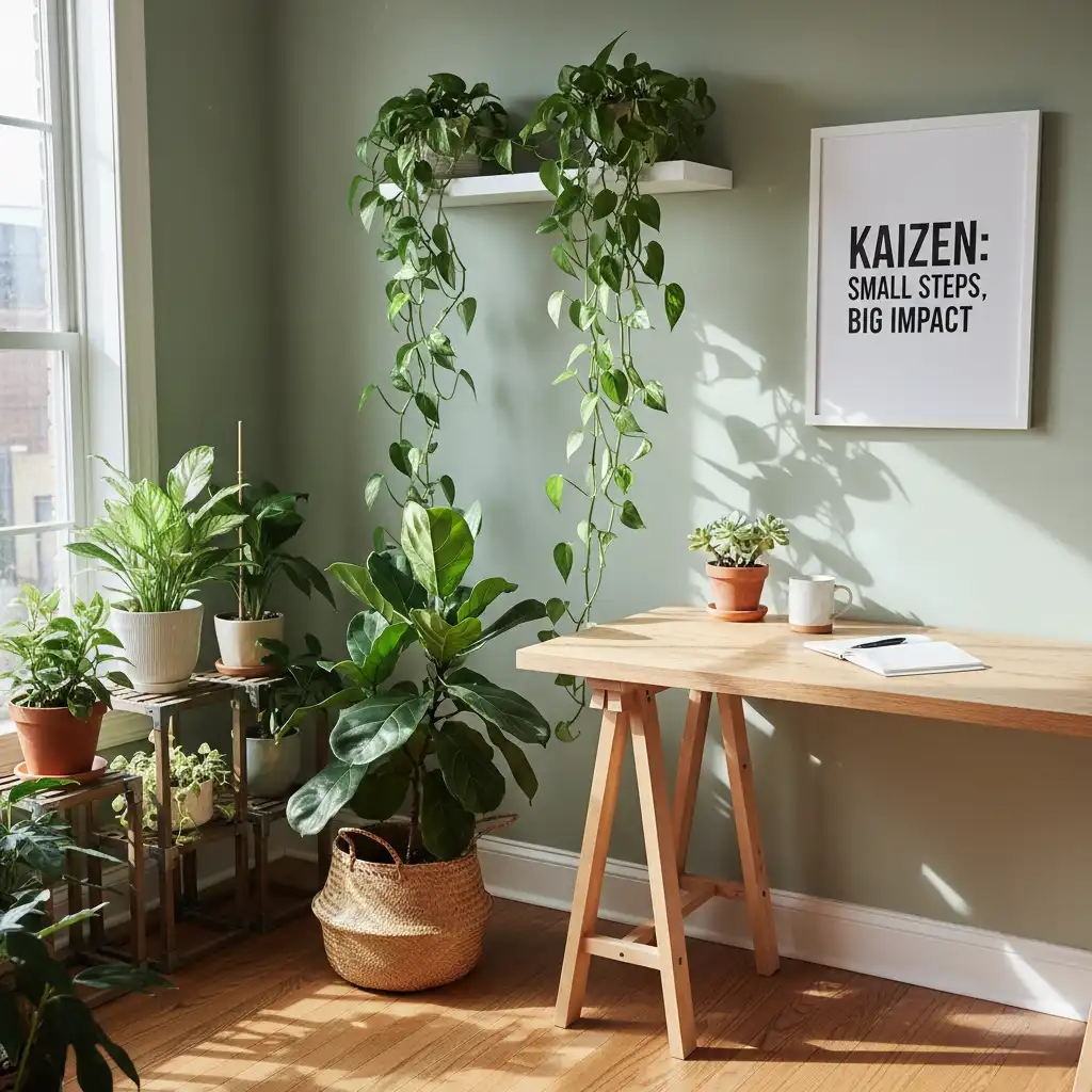 Biophilic workspace design with indoor plants and natural light