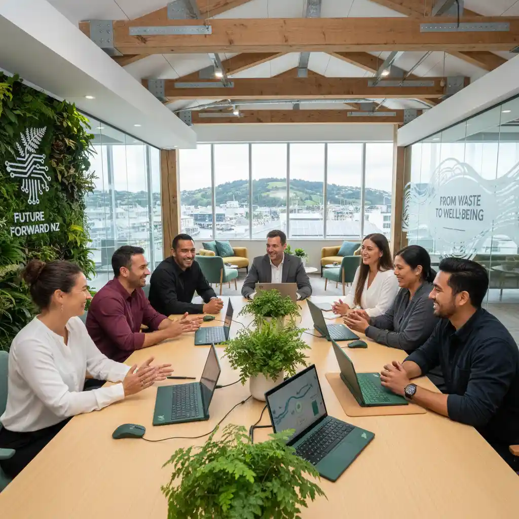 Team collaboration in an office leveraging energy-efficient office supplies and green tech