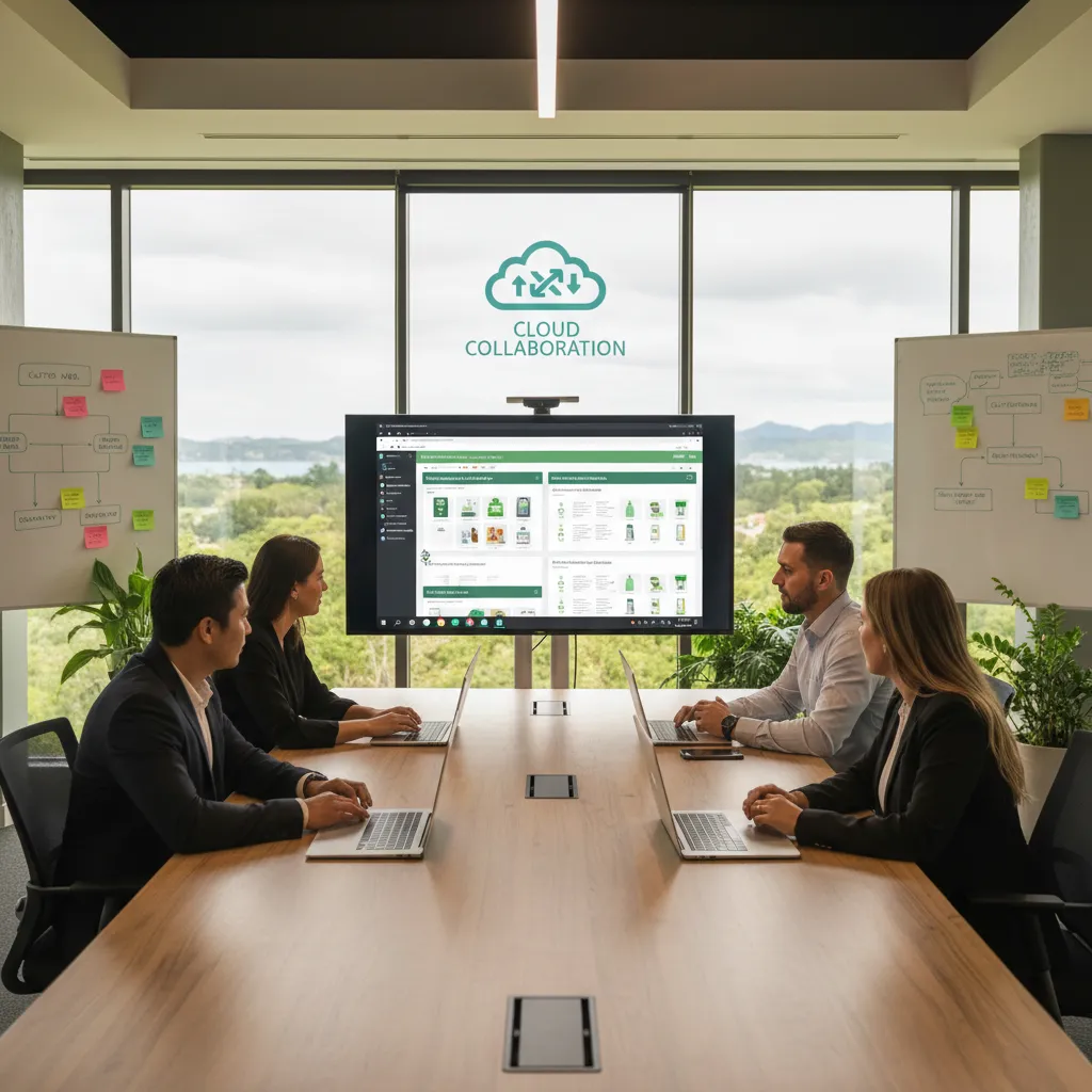 Team collaborating on cloud documents in a digital office