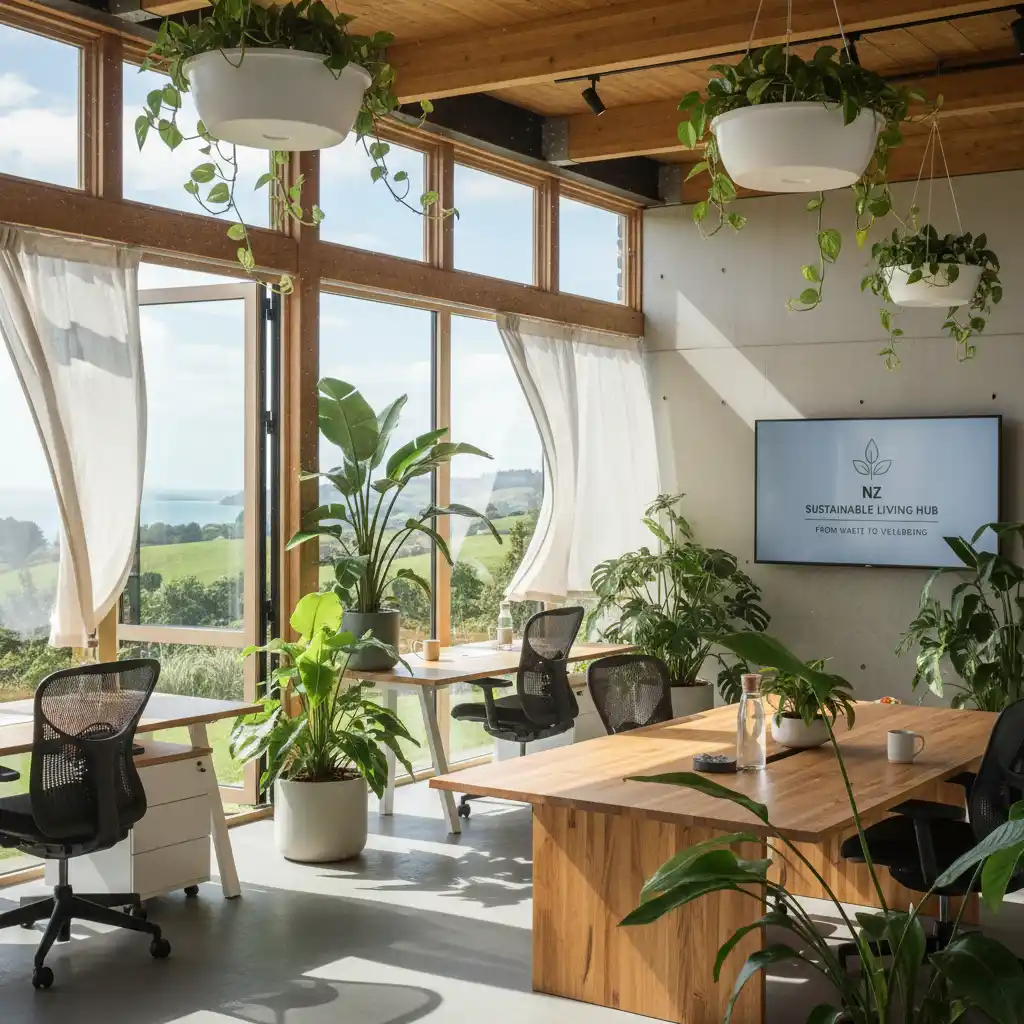 Office with open windows and biophilic elements promoting airflow