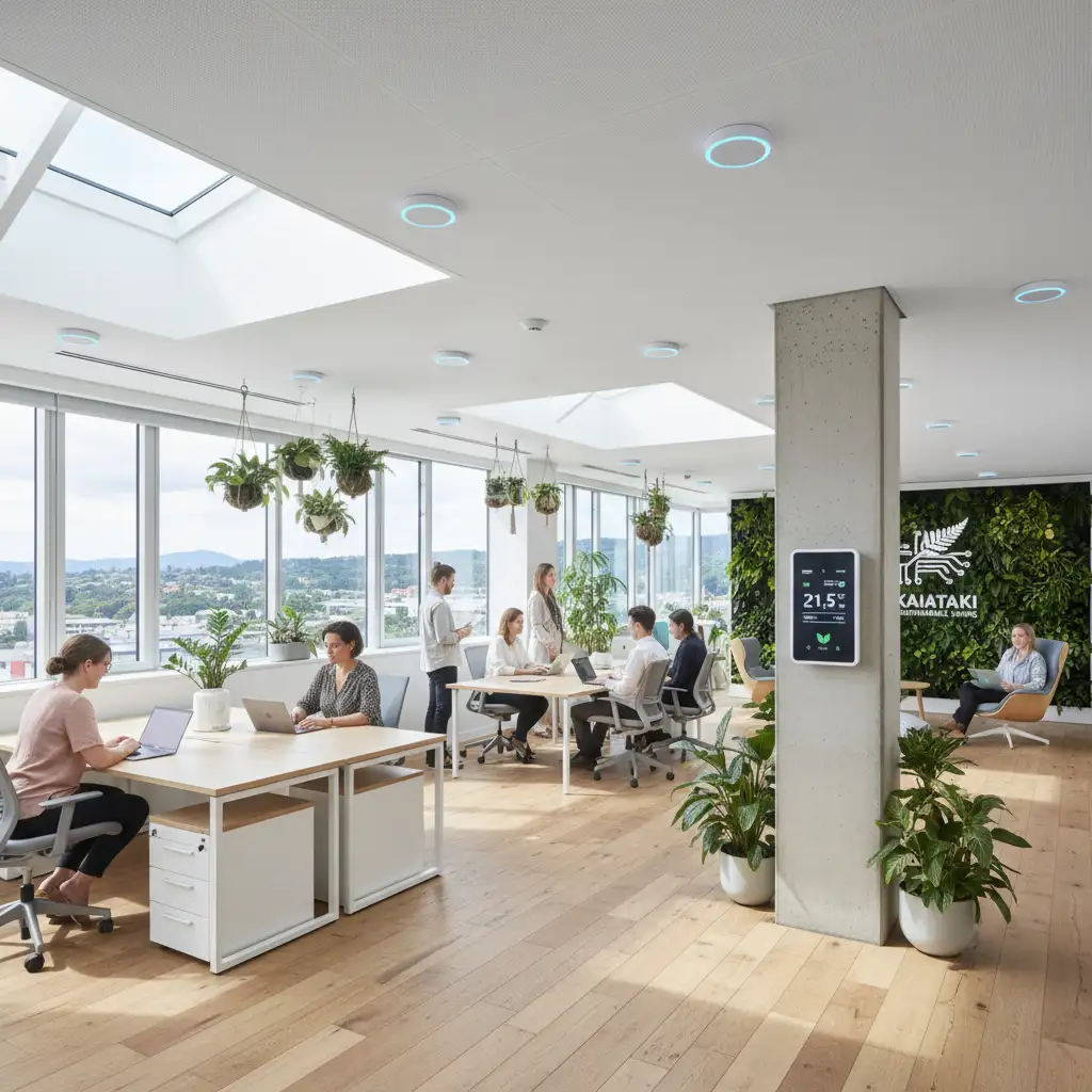 Modern New Zealand office with smart tech enhancing employee comfort and energy savings