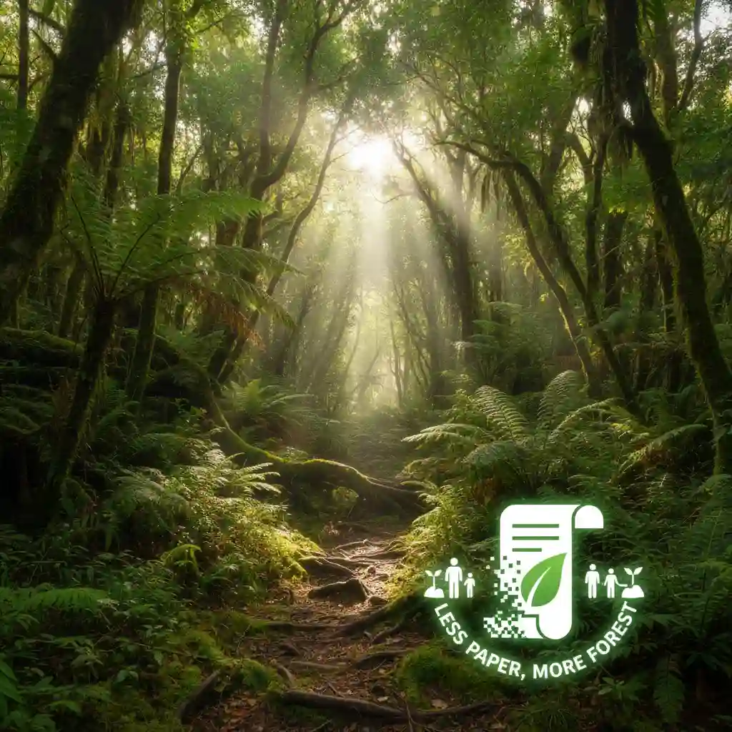 Lush green forest representing environmental benefits of going paperless