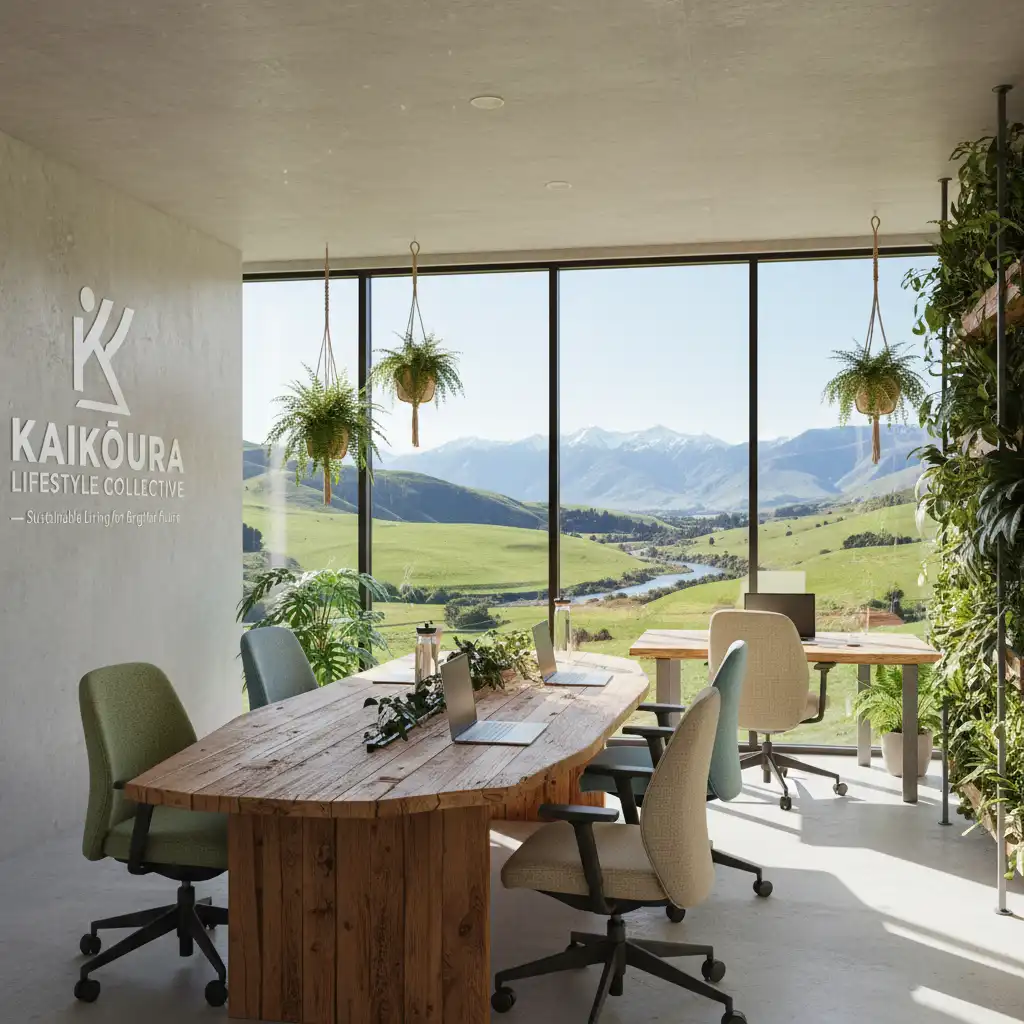 Modern eco-friendly office interior featuring reclaimed wood desk and natural light