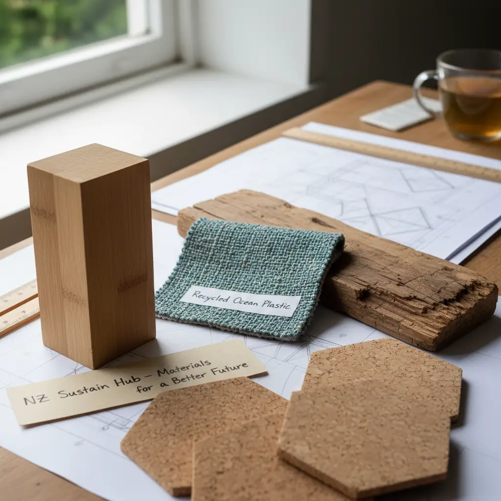 Assortment of sustainable materials including bamboo, cork, and reclaimed timber for office design