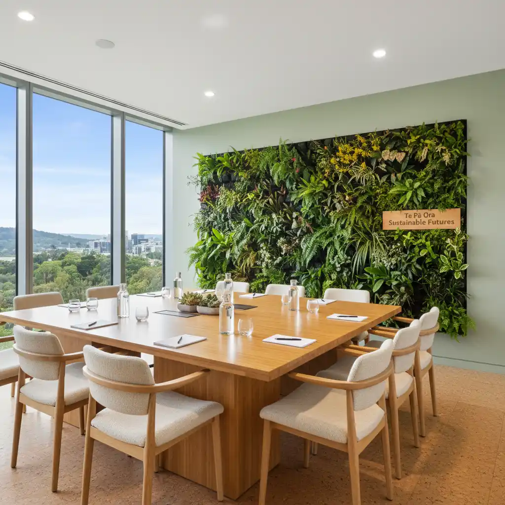 Sustainable meeting room with bamboo table and natural fabric chairs
