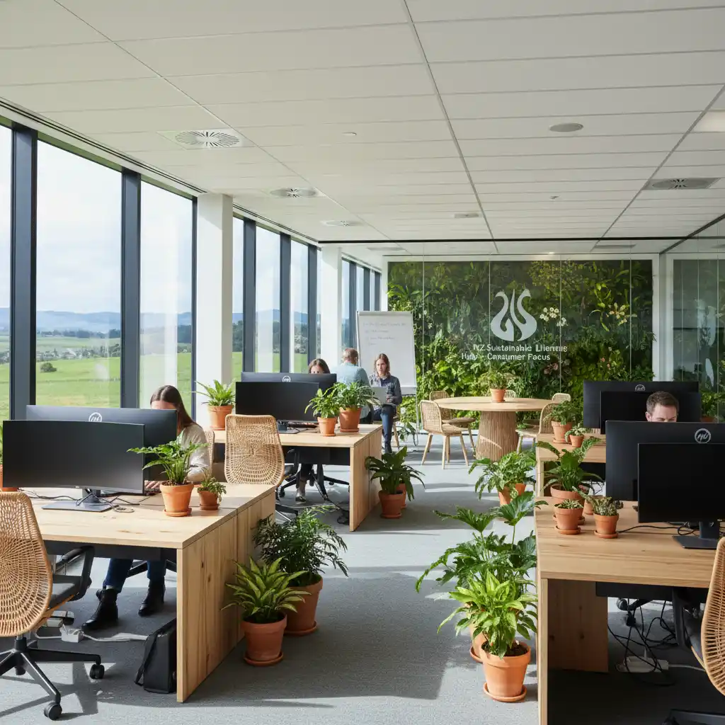 Bright, open-plan office with natural light and green plants, designed for eco-friendliness