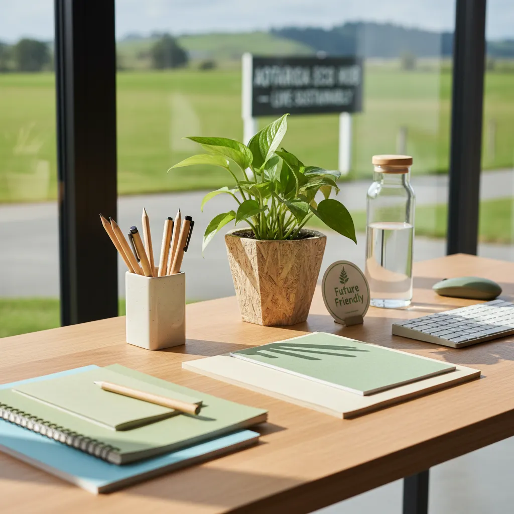 Eco-friendly office supplies on a modern desk