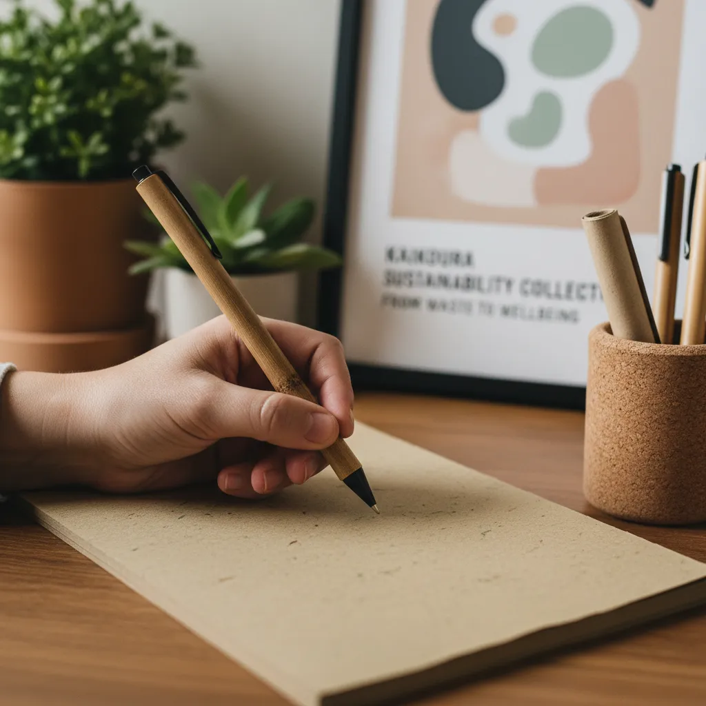 Bamboo pen on recycled paper notebook