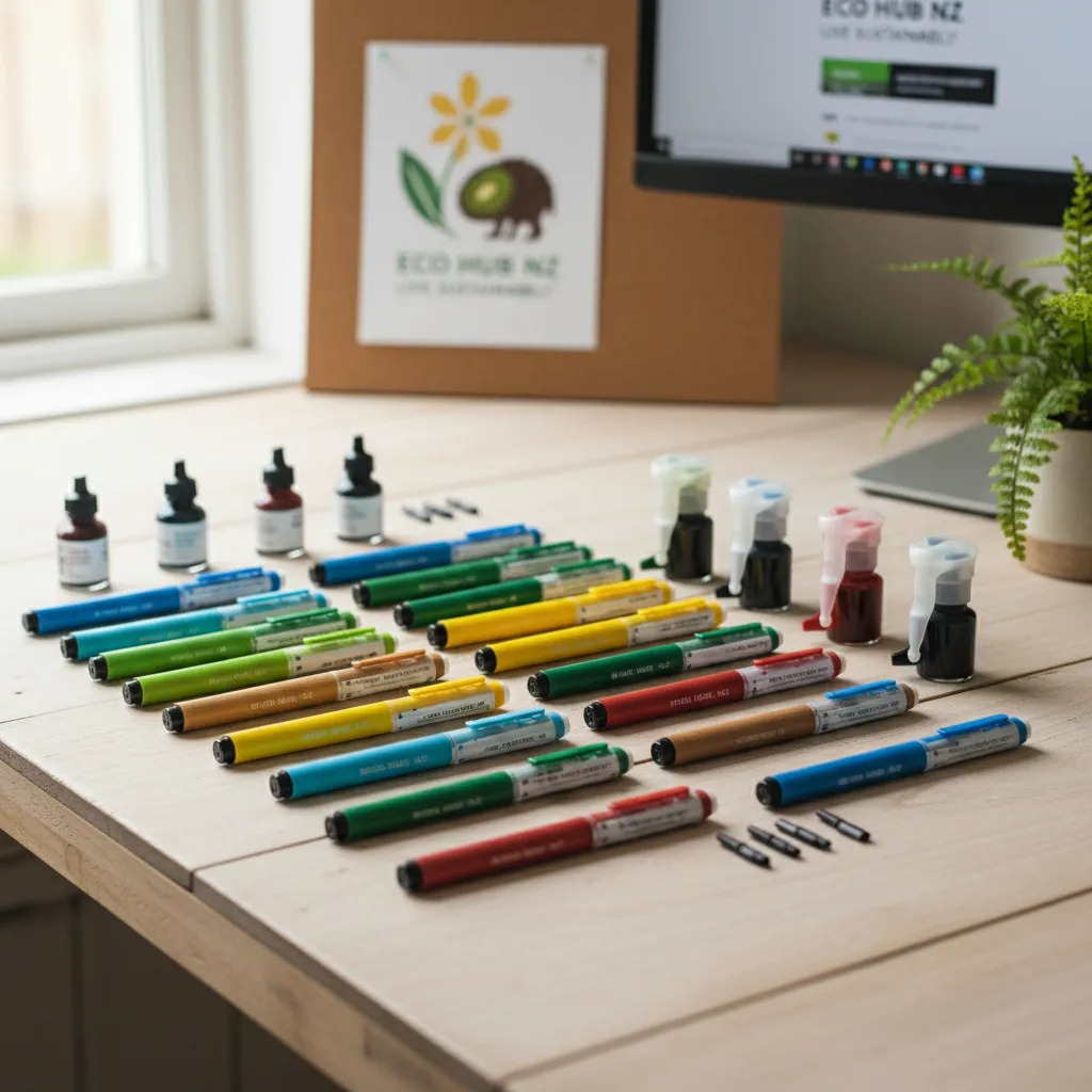 Collection of refillable pens and markers