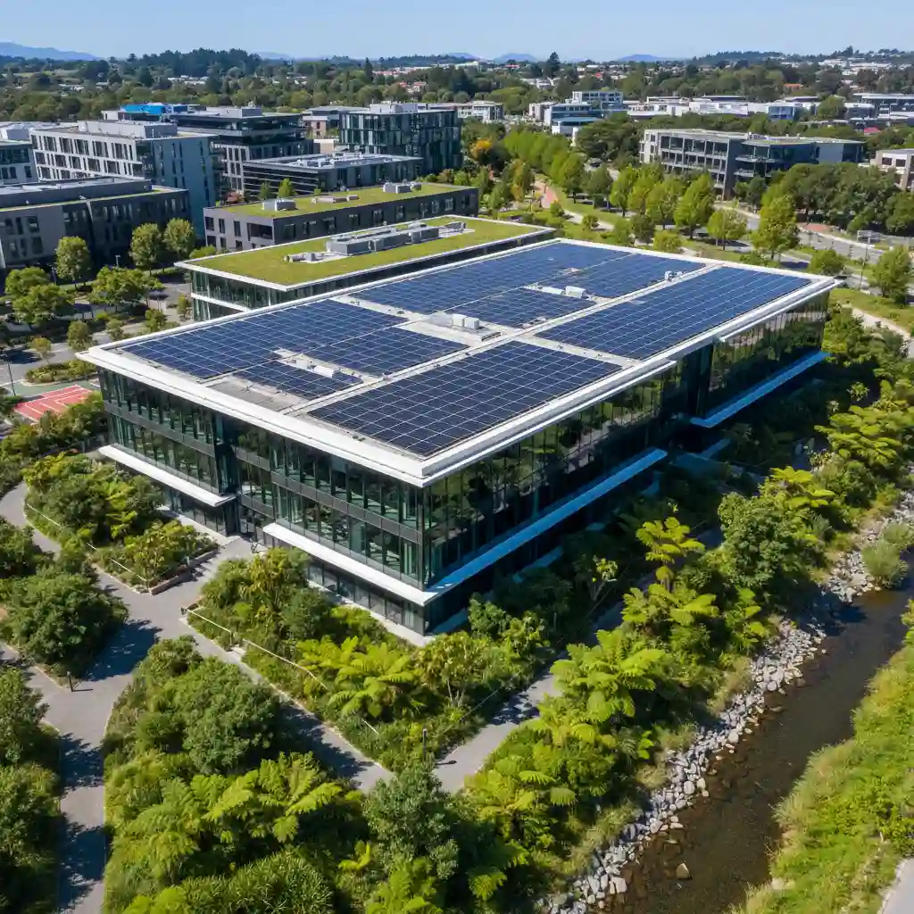 Modern sustainable office building in New Zealand with solar panels