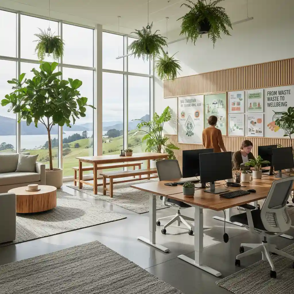Eco-friendly office interior with plants and natural light