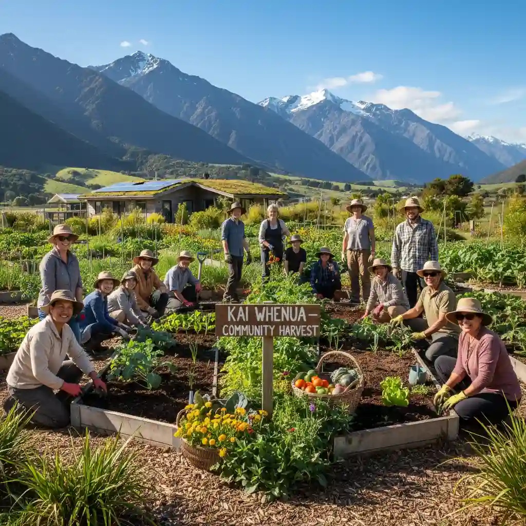 Diverse community members collaborating in an eco-friendly community garden in New Zealand