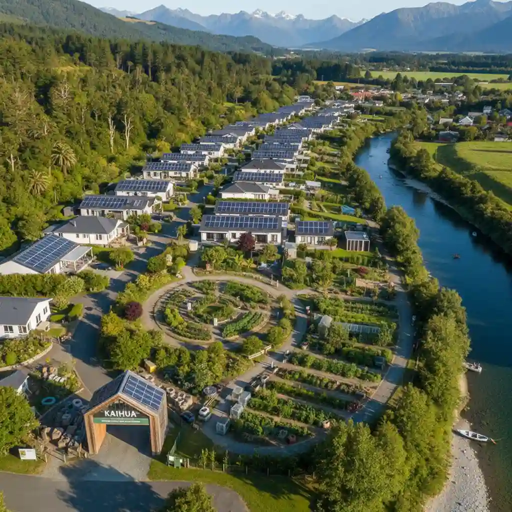Aerial view of an eco-friendly town in New Zealand showcasing green infrastructure
