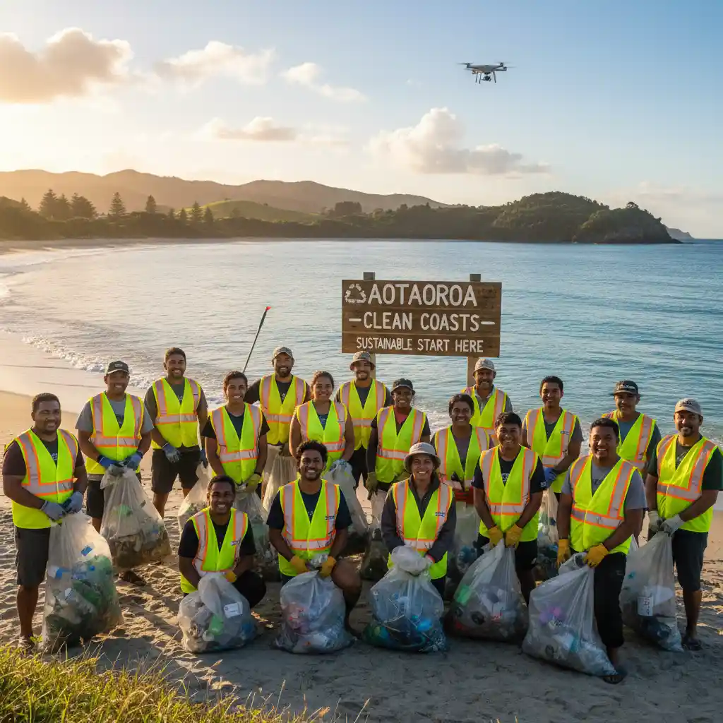 Community volunteers engaged in a beach clean-up in a scenic New Zealand coastal area