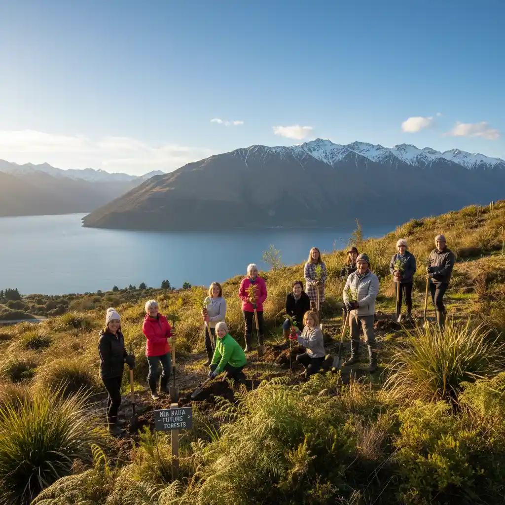 Multi-generational New Zealand community members planting native trees for conservation