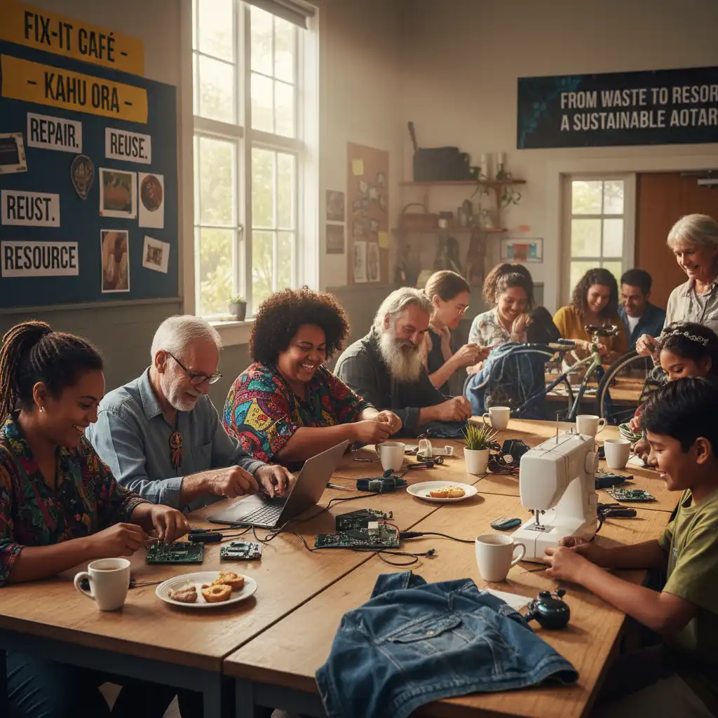Community members at a 'Fix-it Cafe' in New Zealand engaging in repair and reuse