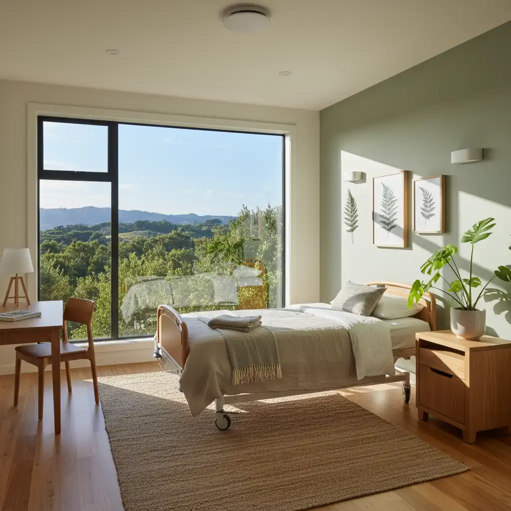 Eco-friendly hospital room with natural light and plants enhancing patient well-being