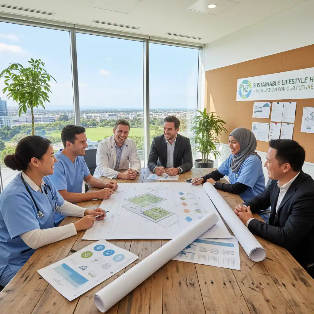 Healthcare team discussing eco-friendly design to enhance patient well-being