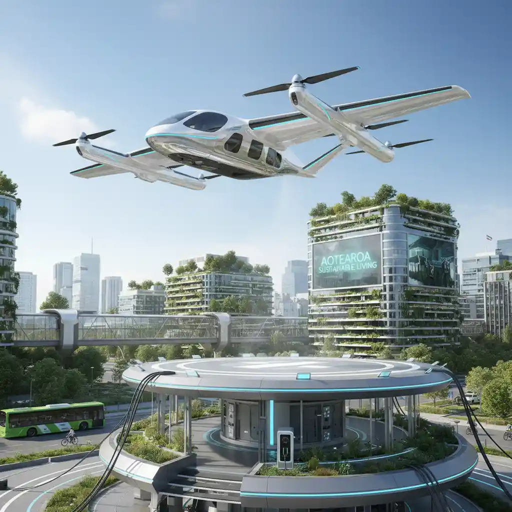 Electric aircraft taking off from a vertiport, representing boosting electric aviation