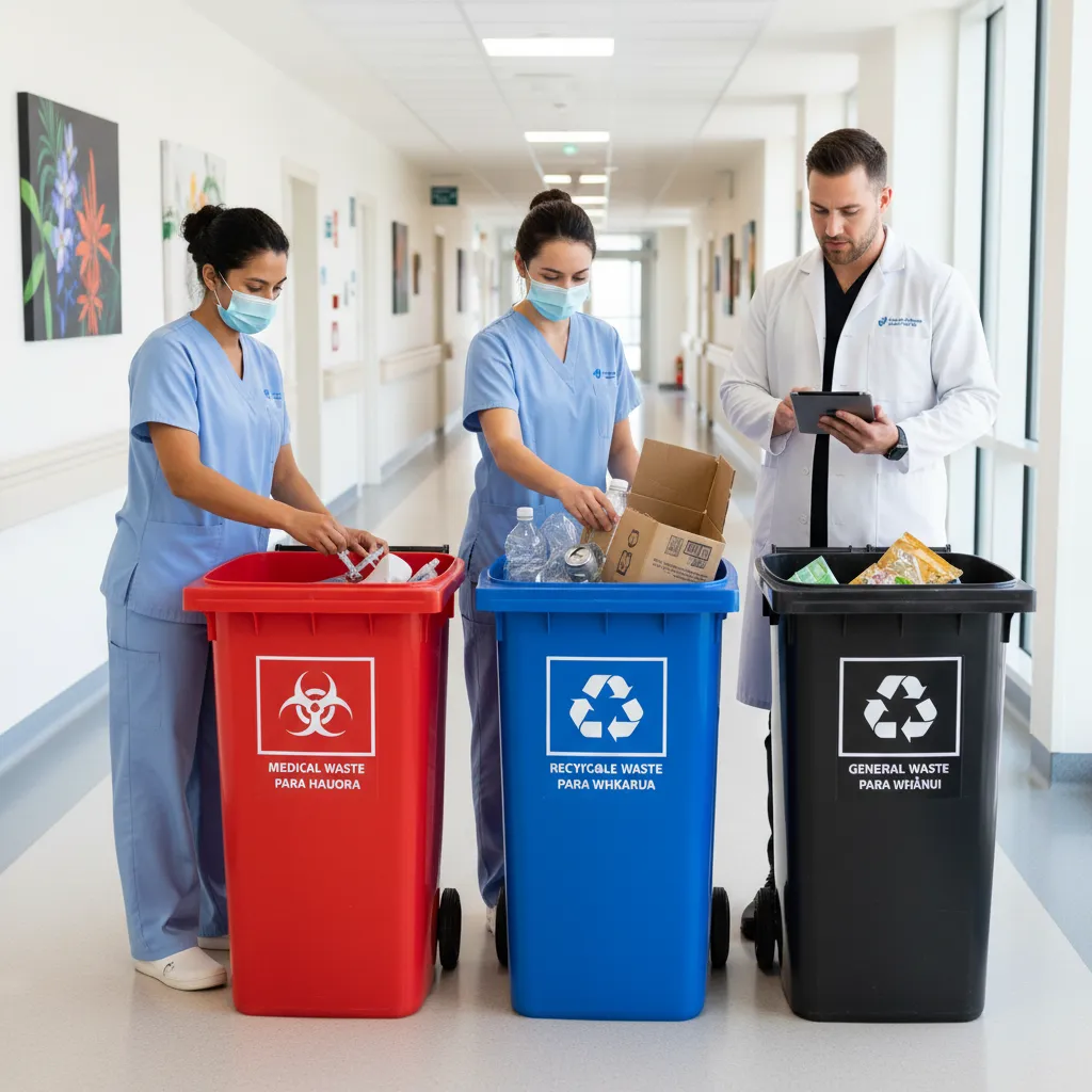 Hospital staff practicing eco-friendly waste segregation for recycling