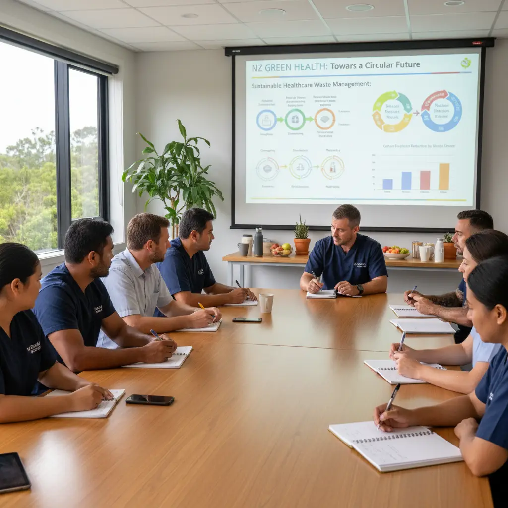 Healthcare workers learning about eco-friendly waste management practices