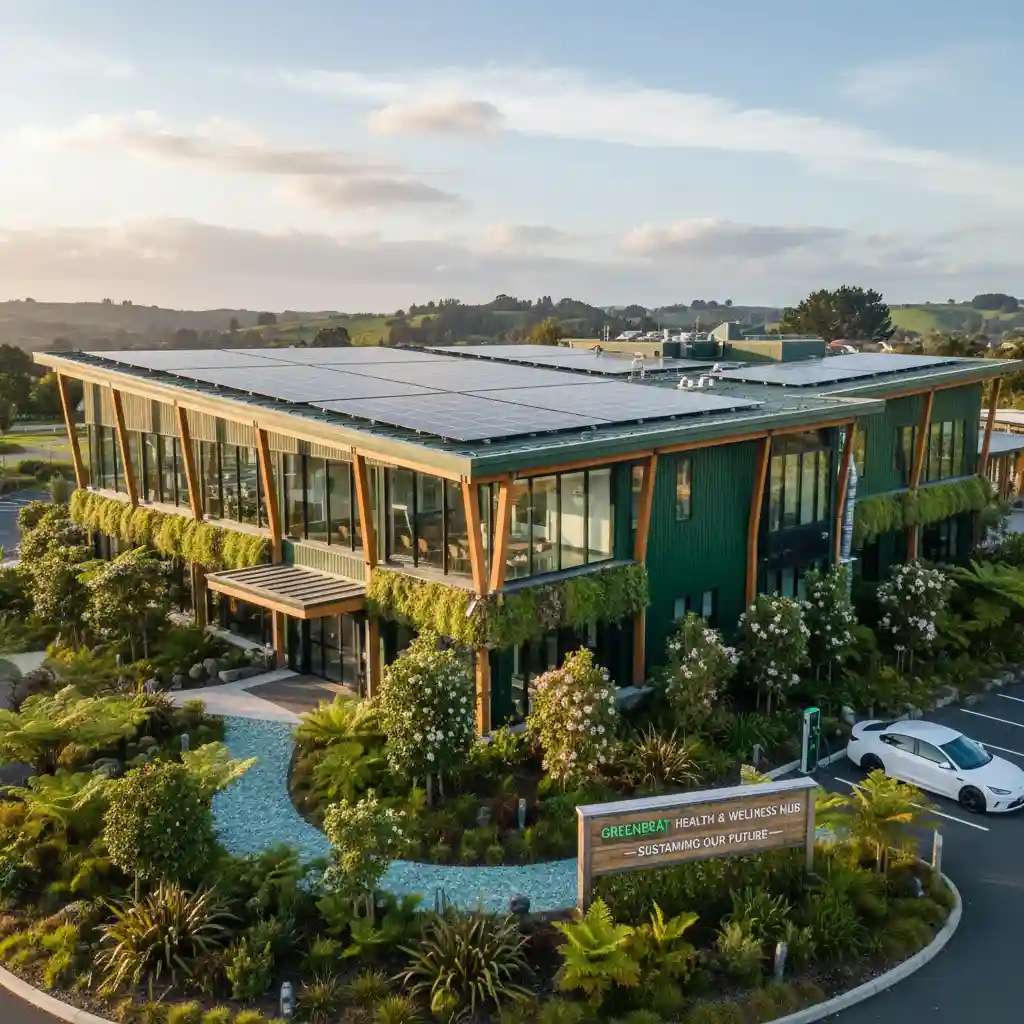 Sustainable hospital building with solar panels and green spaces