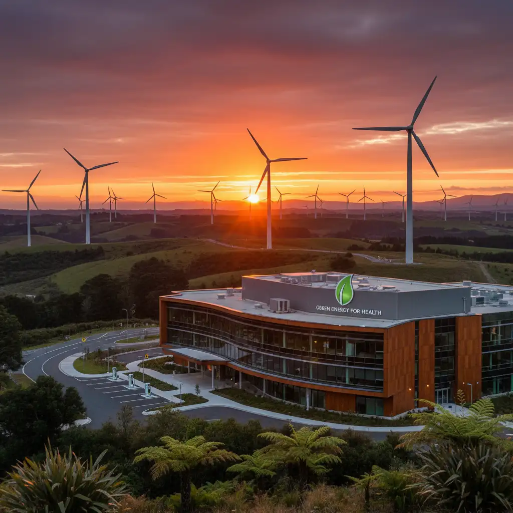 Wind turbines powering a modern hospital