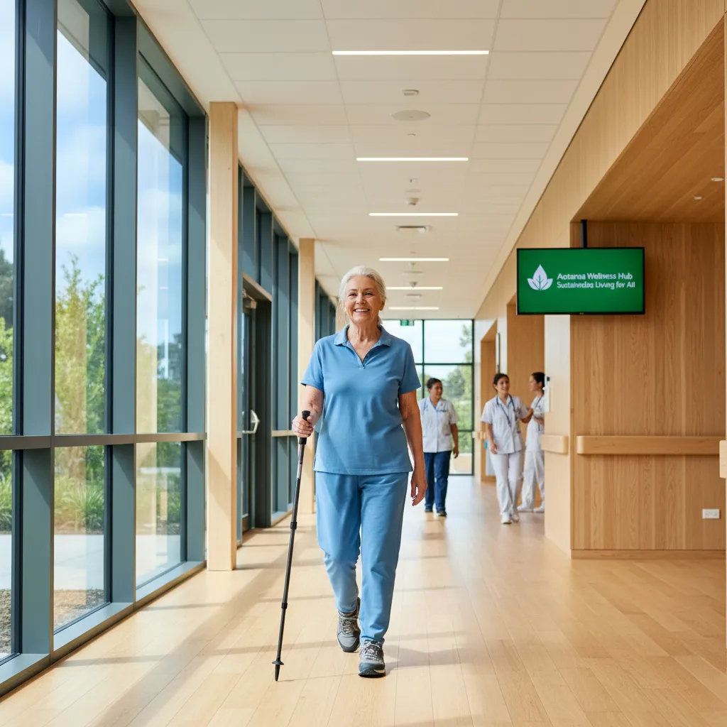 Happy patient in a bright, sustainable hospital corridor