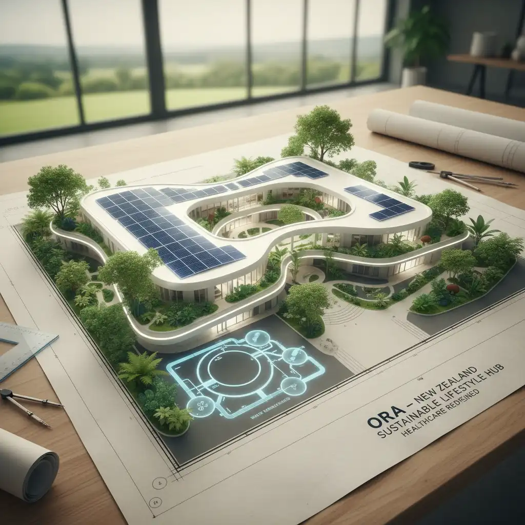 Architectural blueprint showing sustainable design elements for healthcare