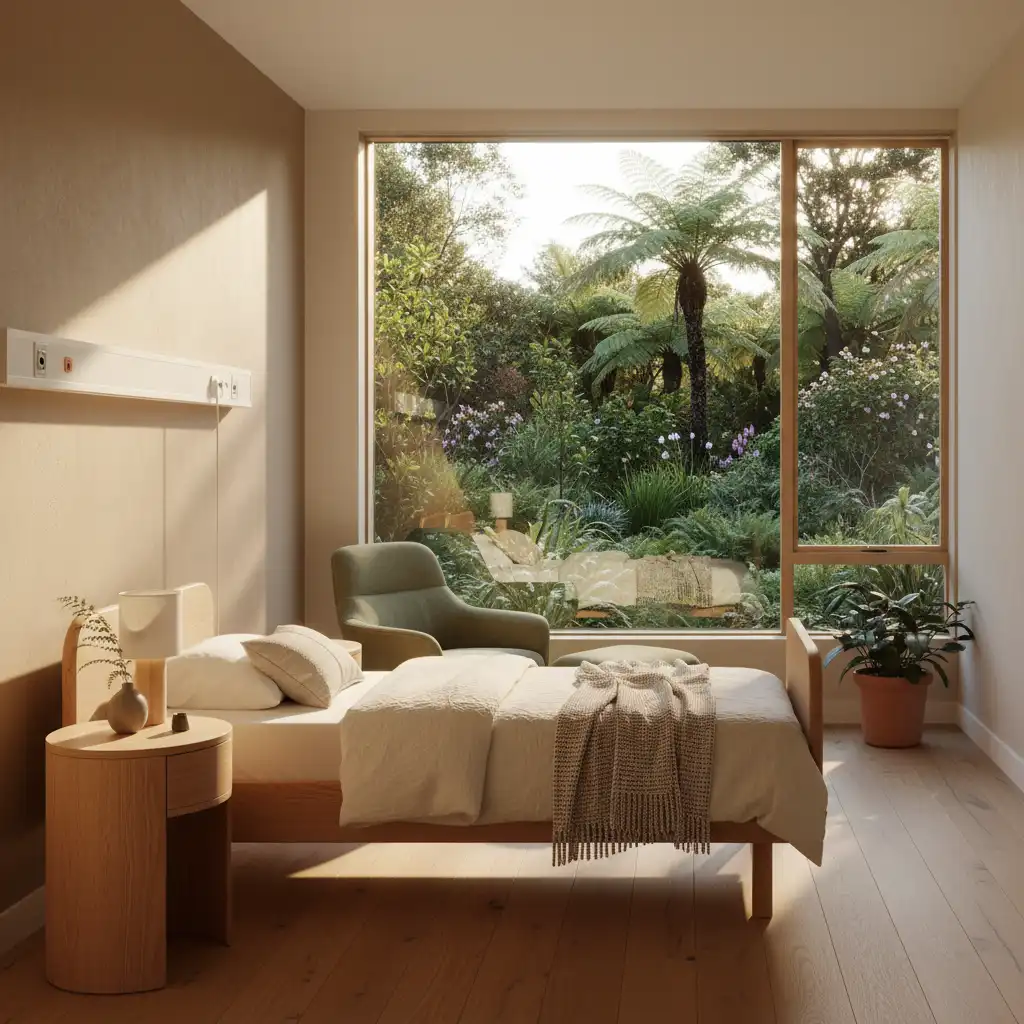 Hospital room with natural light, garden view, and biophilic design