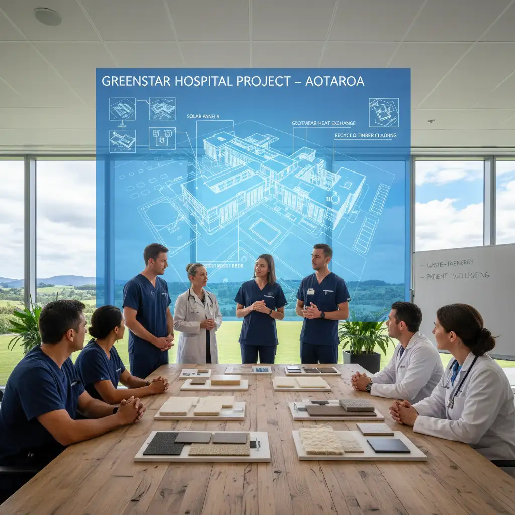 Healthcare professionals planning sustainable hospital design
