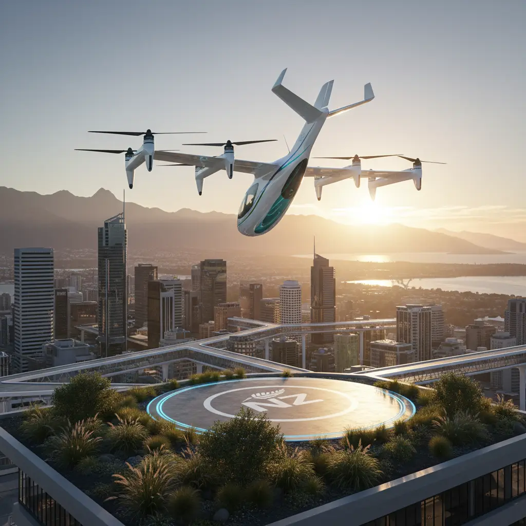 Electric eVTOL aircraft taking off, symbolizing sustainable urban air mobility
