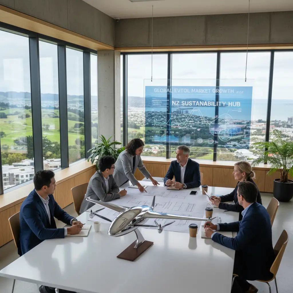 Investors discussing electric aircraft market trends and investment opportunities