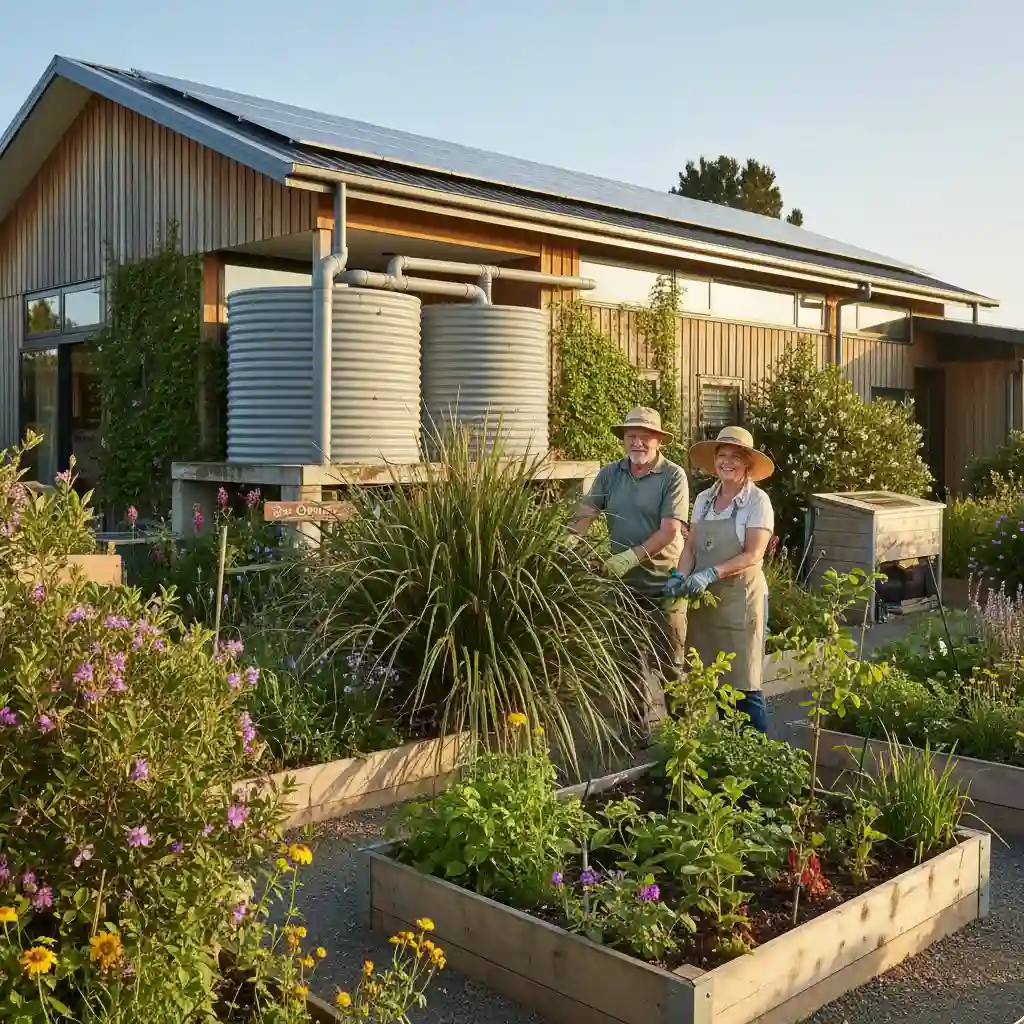 Elderly couple gardening with rainwater harvesting in an eco-friendly community