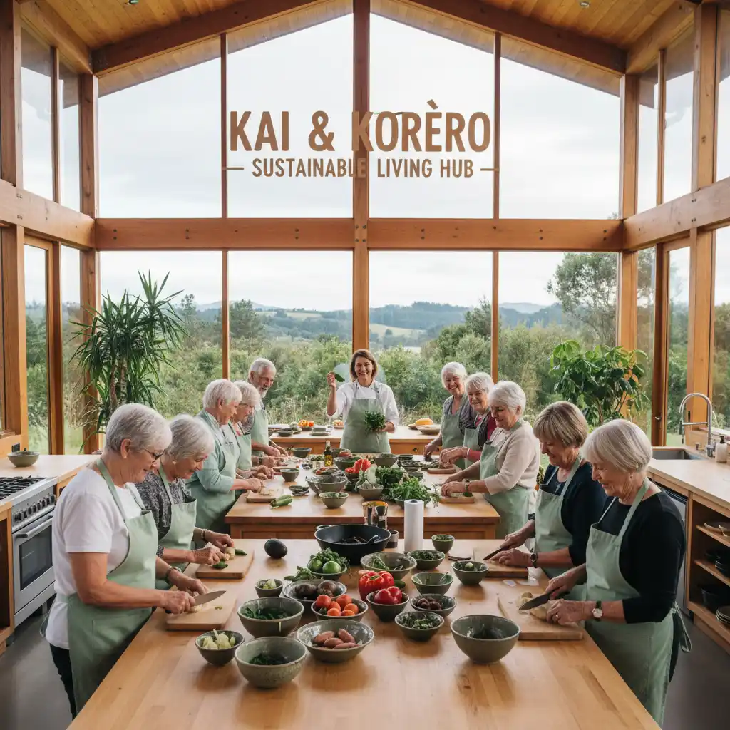 Seniors cooking in a community kitchen of a sustainable retirement village