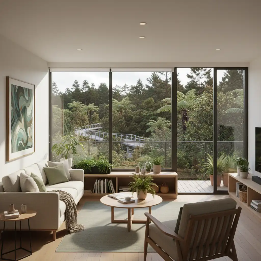 Interior of a sustainable retirement apartment with native bush view
