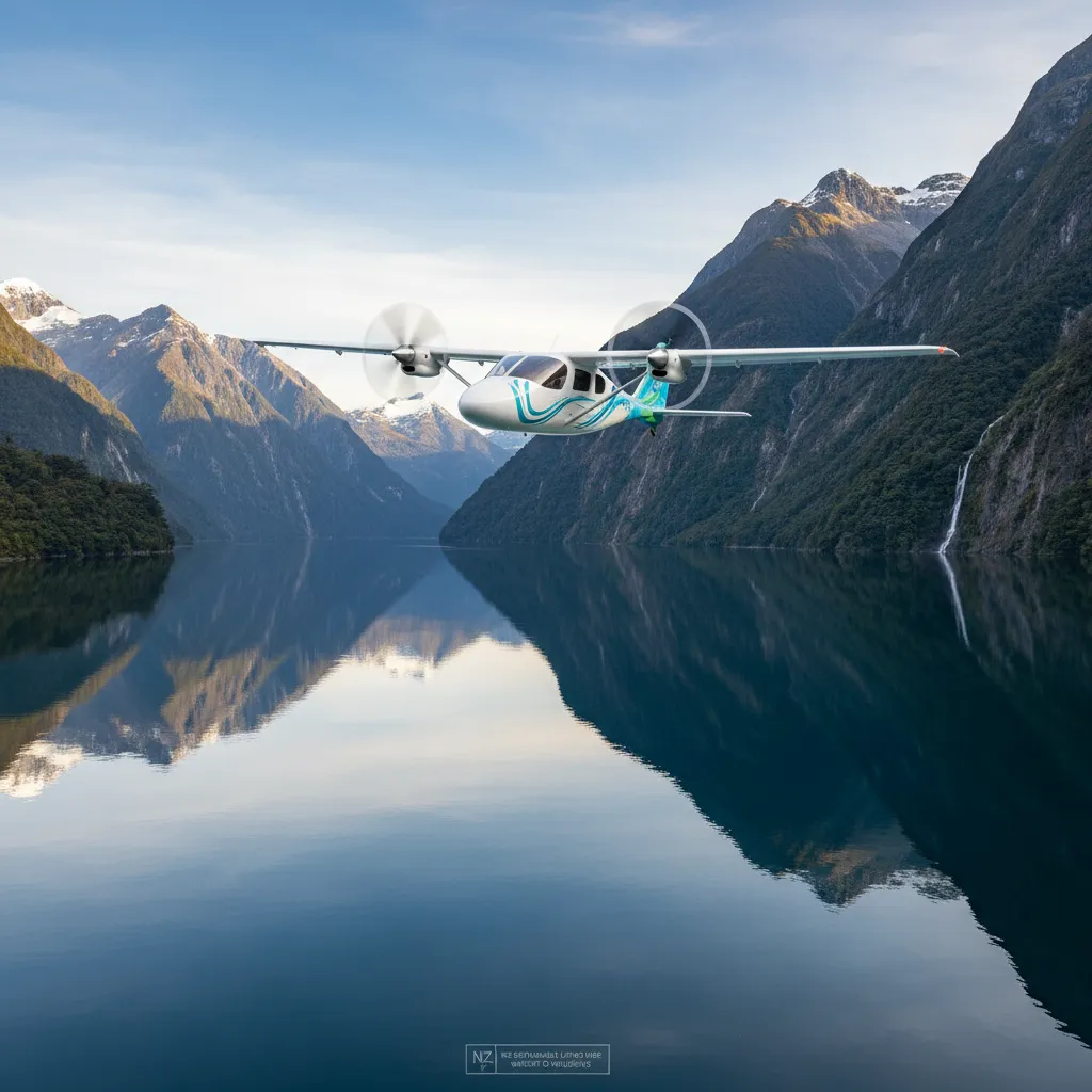 Electric aircraft flying over New Zealand's natural landscape