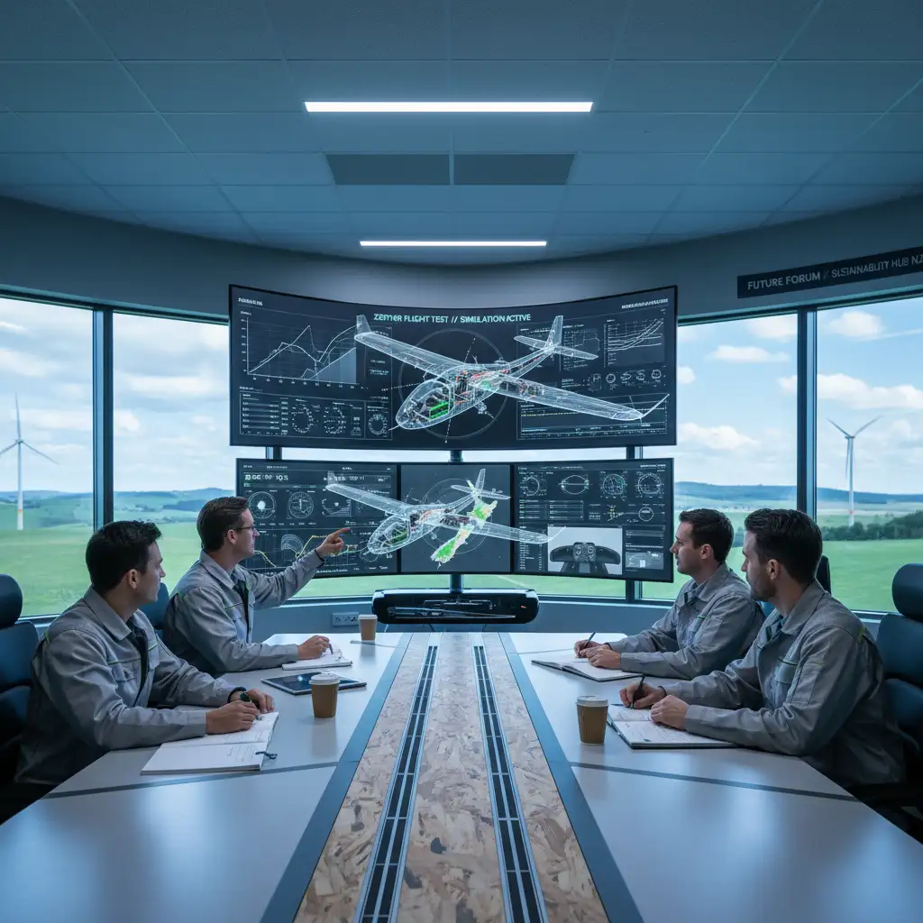 Engineers monitoring simulated electric aircraft flight data, illustrating the rigorous testing required for certification.