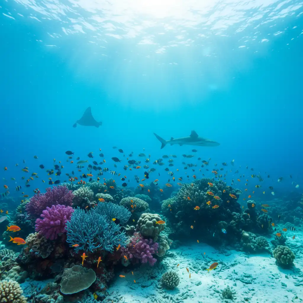 Thriving marine ecosystem in clear ocean water