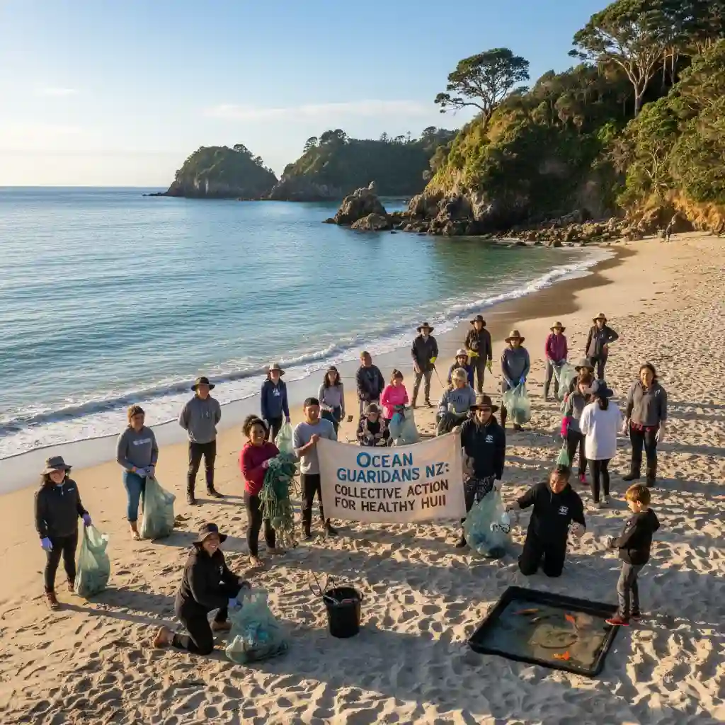 Community members cleaning a beach for ocean health