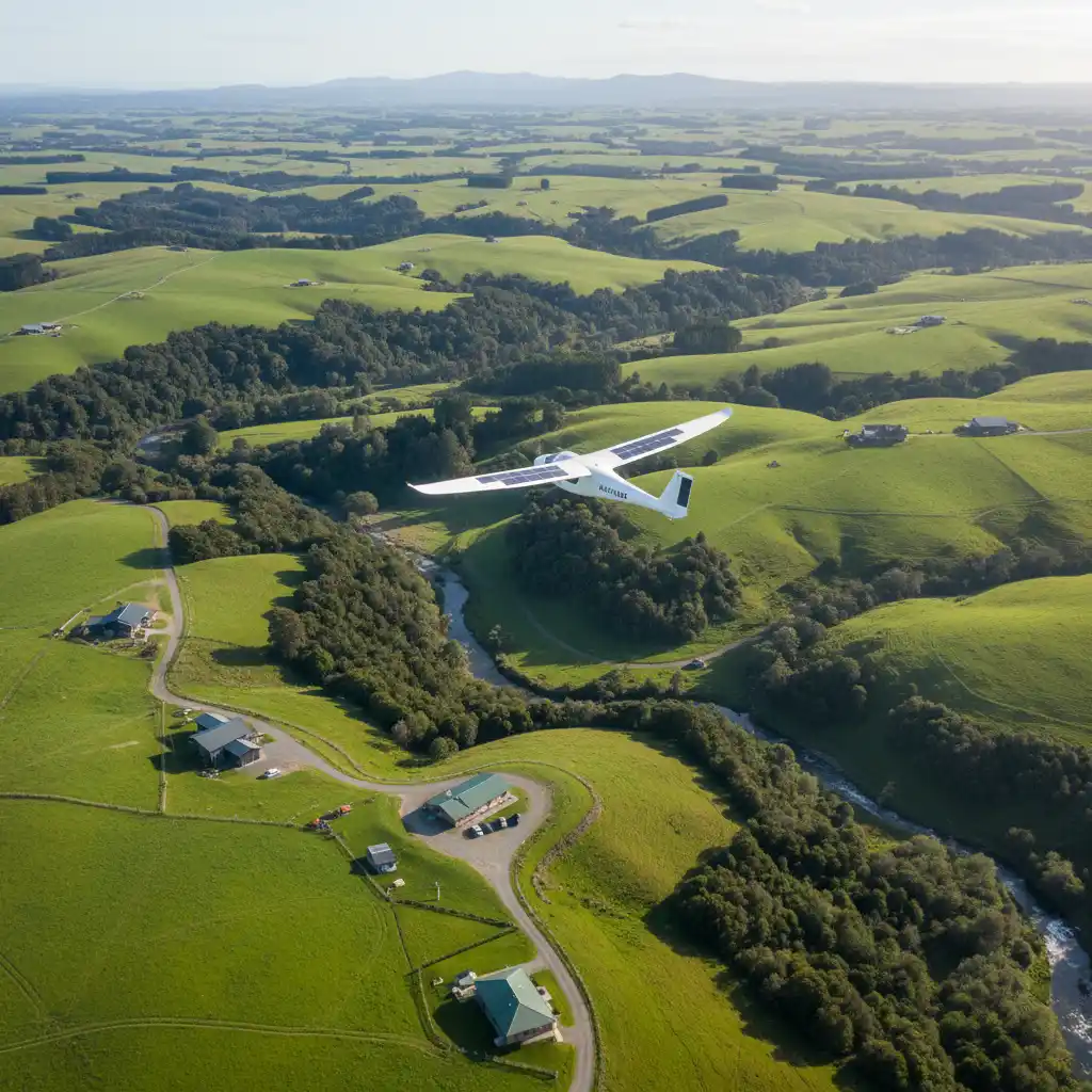 Electric plane flying over New Zealand landscape, symbolizing sustainable travel